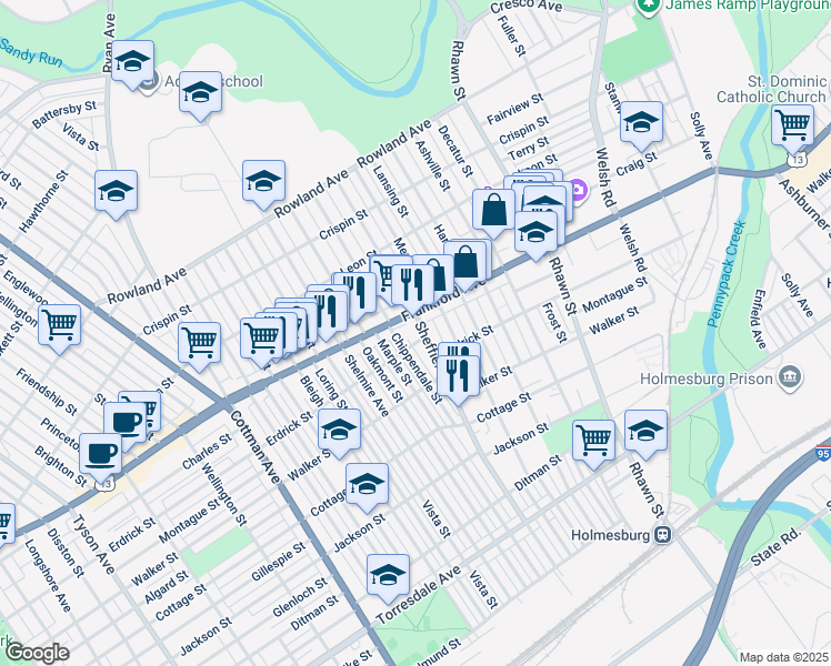 map of restaurants, bars, coffee shops, grocery stores, and more near 4022 Sheffield Avenue in Philadelphia
