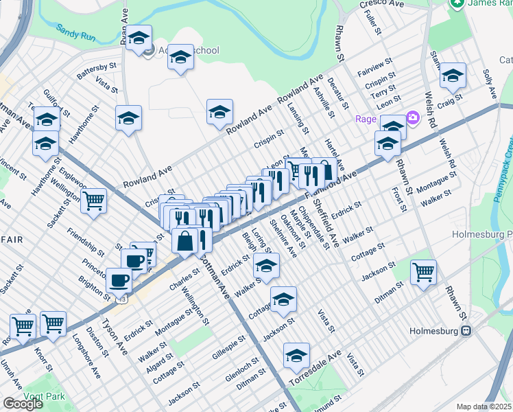 map of restaurants, bars, coffee shops, grocery stores, and more near 3552 Shelmire Avenue in Philadelphia
