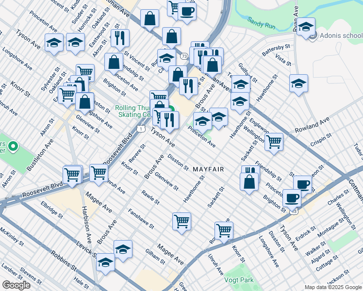 map of restaurants, bars, coffee shops, grocery stores, and more near 2921 Tyson Avenue in Philadelphia