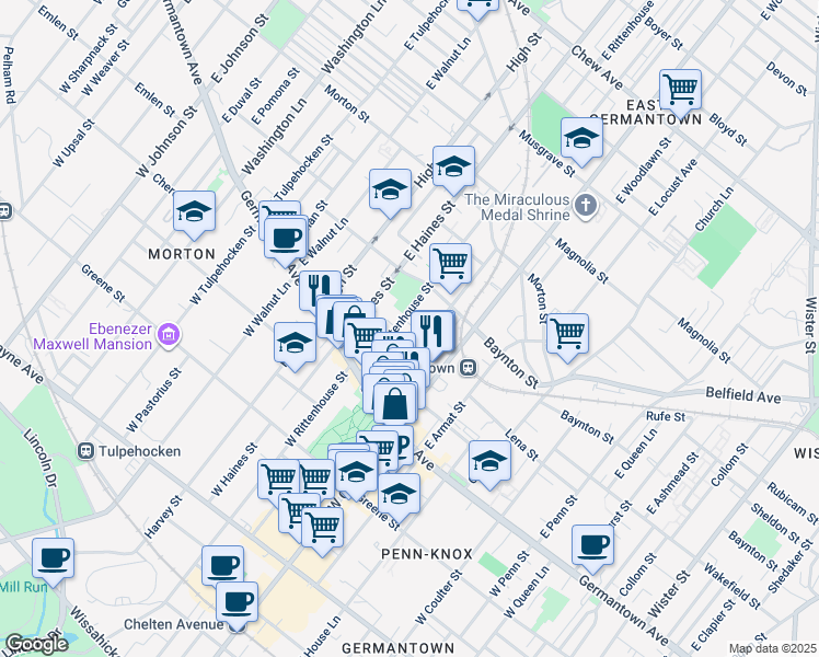 map of restaurants, bars, coffee shops, grocery stores, and more near 5822 Wakefield Street in Philadelphia