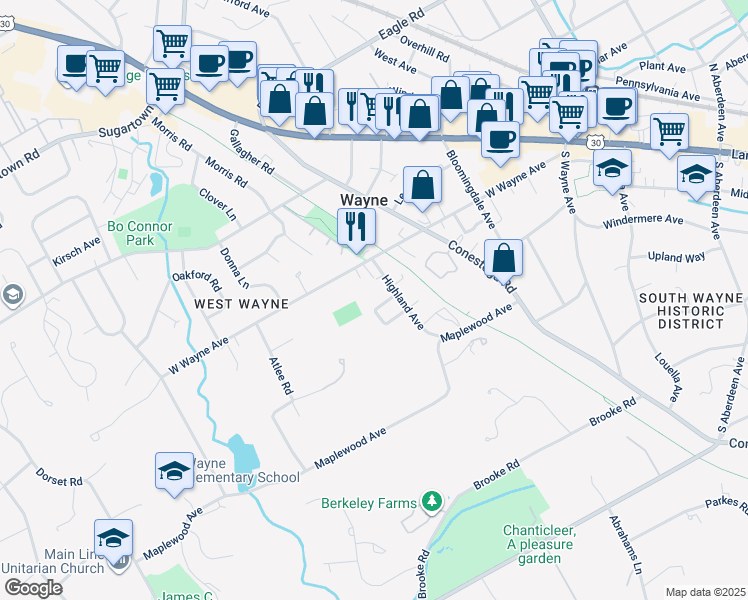 map of restaurants, bars, coffee shops, grocery stores, and more near 416 Fairview Drive in Wayne