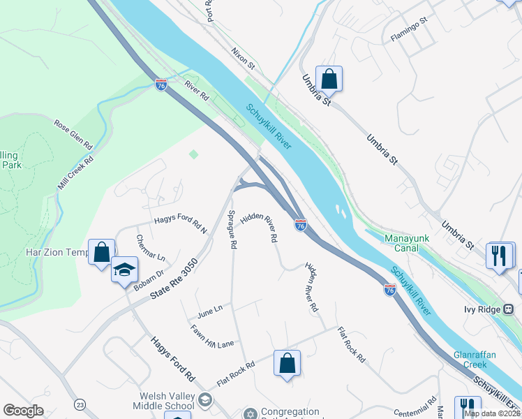 map of restaurants, bars, coffee shops, grocery stores, and more near 323 Hidden River Road in Penn Valley