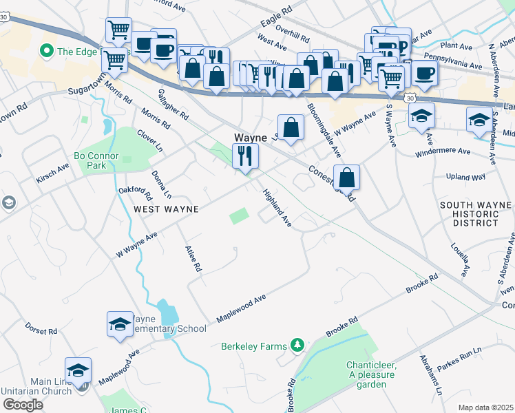 map of restaurants, bars, coffee shops, grocery stores, and more near 416 Fairview Drive in Wayne