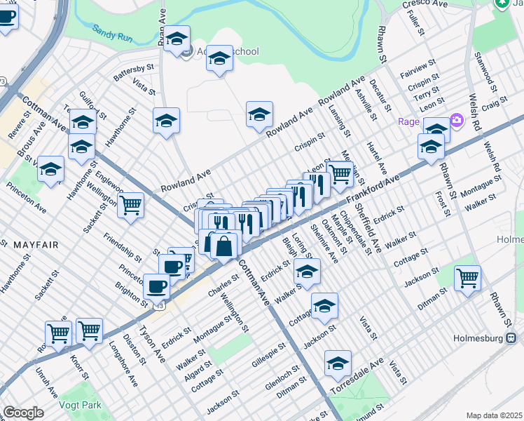 map of restaurants, bars, coffee shops, grocery stores, and more near 3512 Bleigh Avenue in Philadelphia