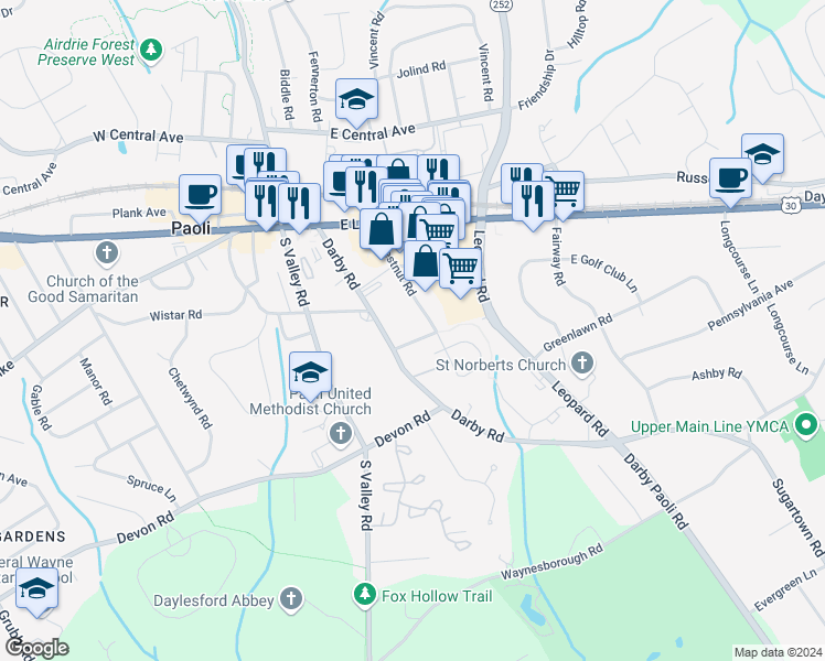map of restaurants, bars, coffee shops, grocery stores, and more near 132 Woodgate Lane in Paoli
