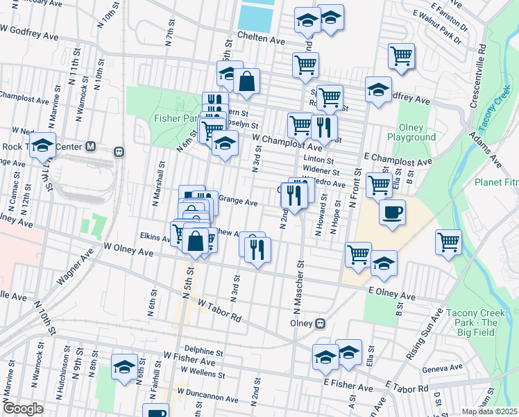 map of restaurants, bars, coffee shops, grocery stores, and more near 250 West Grange Avenue in Philadelphia