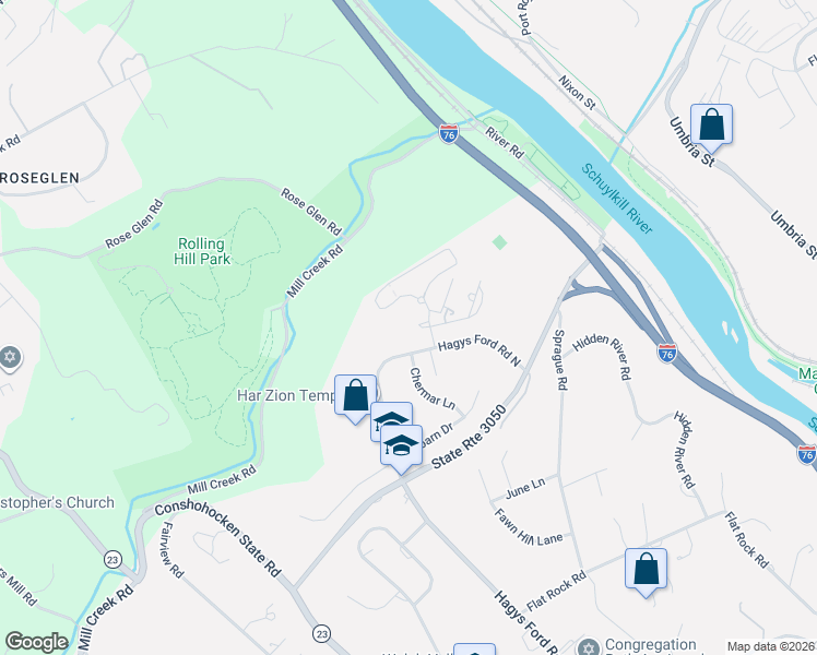 map of restaurants, bars, coffee shops, grocery stores, and more near 1600 Hagys Ford Road in Narberth