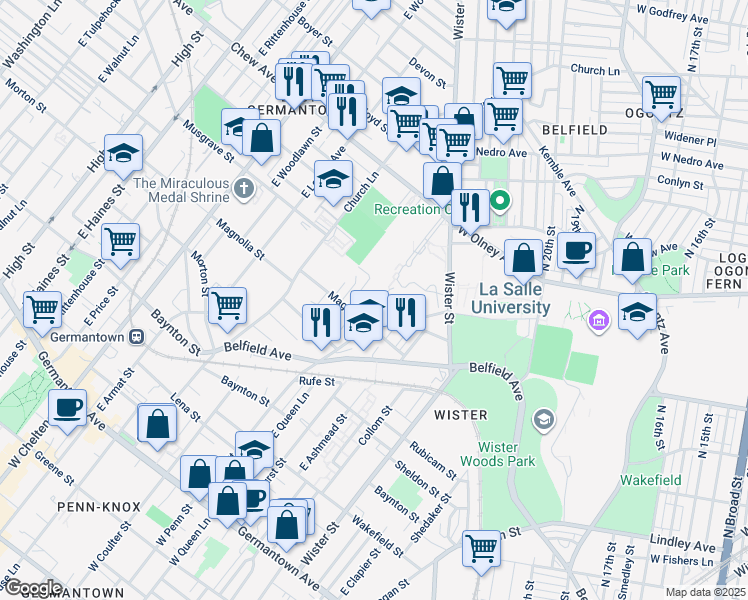 map of restaurants, bars, coffee shops, grocery stores, and more near 529 East Penn Street in Philadelphia