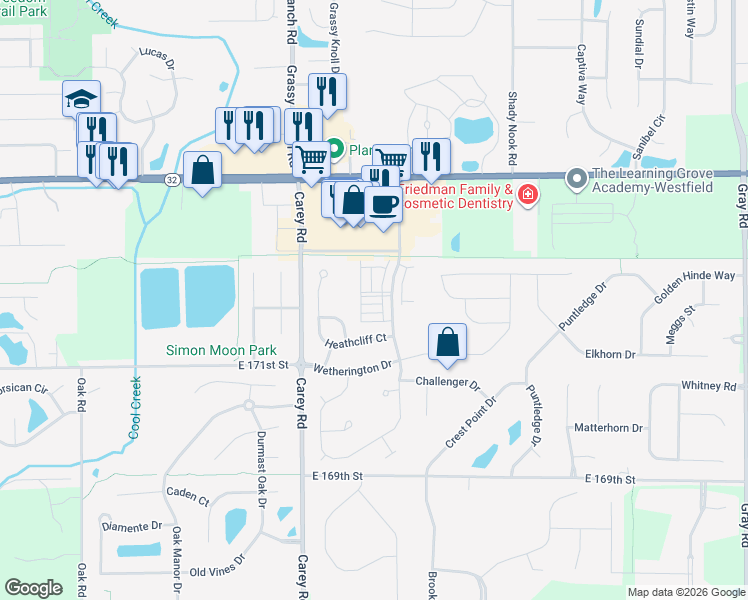 map of restaurants, bars, coffee shops, grocery stores, and more near 17351 Henslow Drive in Westfield