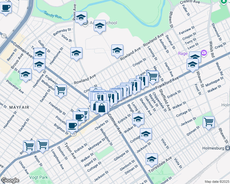 map of restaurants, bars, coffee shops, grocery stores, and more near 3507 Tudor Street in Philadelphia