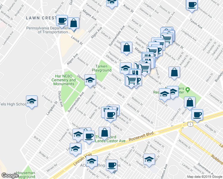 map of restaurants, bars, coffee shops, grocery stores, and more near 1228 Hale Street in Philadelphia
