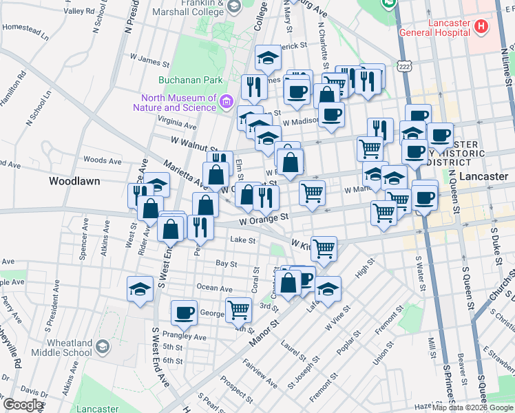 map of restaurants, bars, coffee shops, grocery stores, and more near 624 West Chestnut Street in Lancaster