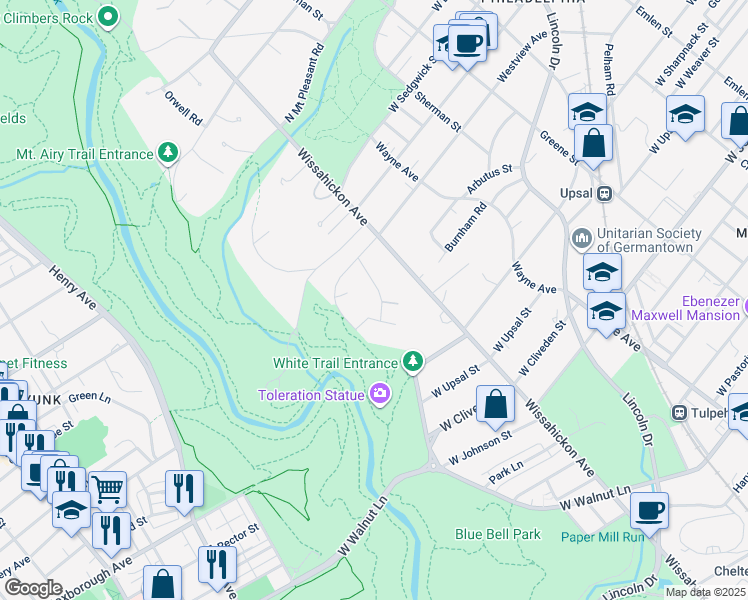 map of restaurants, bars, coffee shops, grocery stores, and more near 6700 Springbank Street in Philadelphia