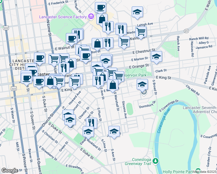 map of restaurants, bars, coffee shops, grocery stores, and more near 528 East King Street in Lancaster