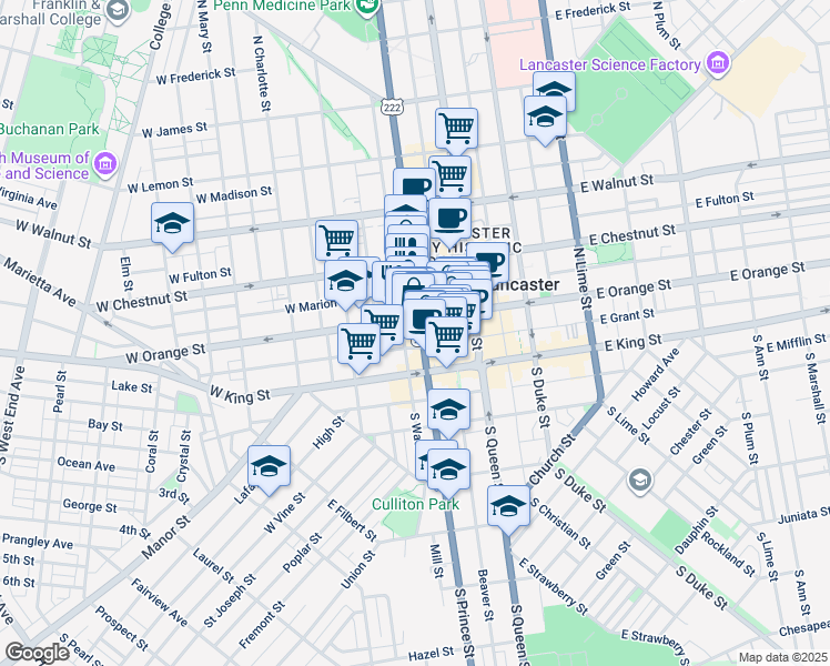 map of restaurants, bars, coffee shops, grocery stores, and more near 46 North Prince Street in Lancaster