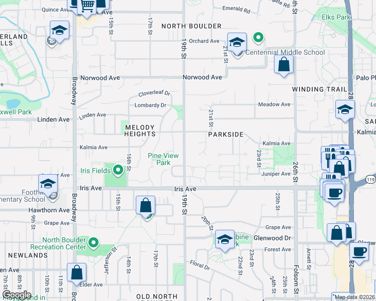 map of restaurants, bars, coffee shops, grocery stores, and more near 3540 19th Street in Boulder