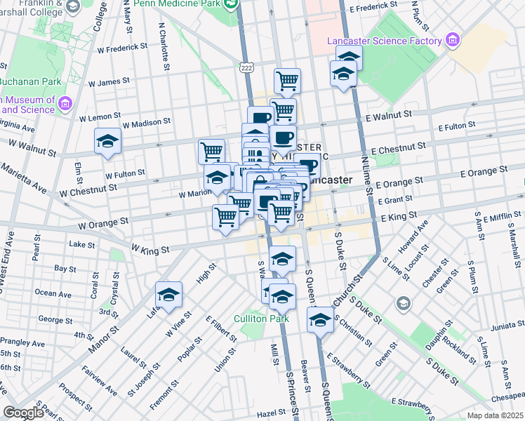 map of restaurants, bars, coffee shops, grocery stores, and more near 46 North Prince Street in Lancaster