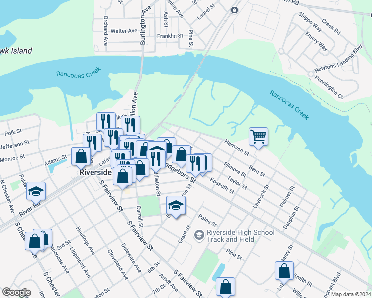 map of restaurants, bars, coffee shops, grocery stores, and more near 229 Taylor Street in Riverside