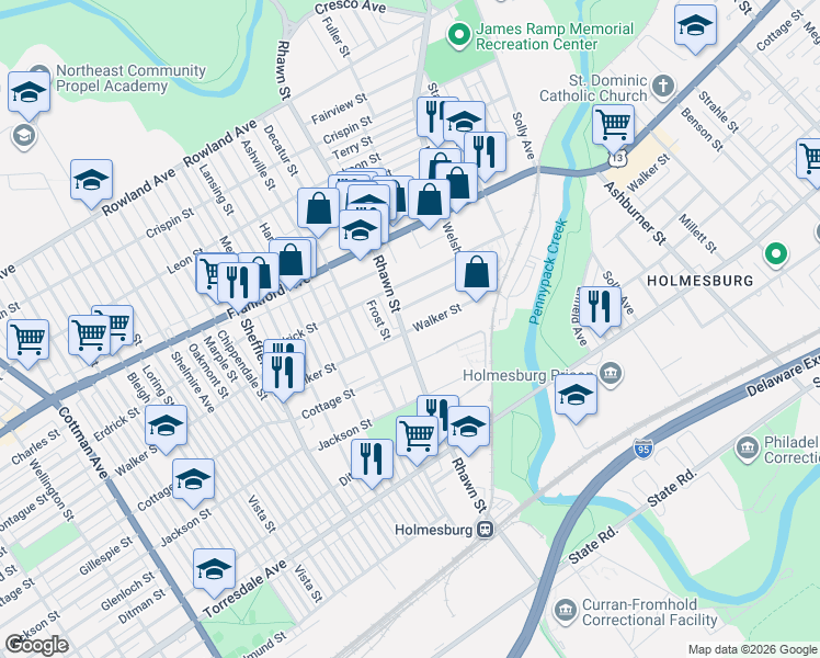 map of restaurants, bars, coffee shops, grocery stores, and more near 4223 Rhawn Street in Philadelphia