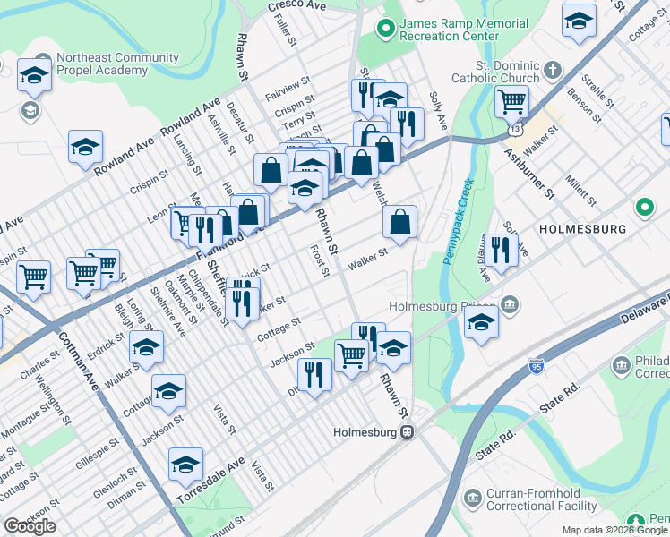 map of restaurants, bars, coffee shops, grocery stores, and more near 4223 Rhawn Street in Philadelphia