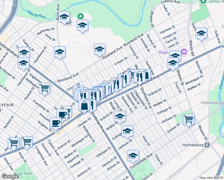map of restaurants, bars, coffee shops, grocery stores, and more near 3516 Shelmire Avenue in Philadelphia