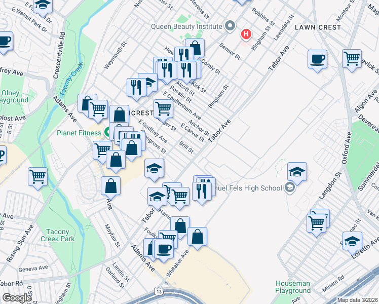 map of restaurants, bars, coffee shops, grocery stores, and more near 614 Sanger Street in Philadelphia