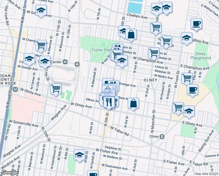 map of restaurants, bars, coffee shops, grocery stores, and more near 5761 North Fairhill Street in Philadelphia