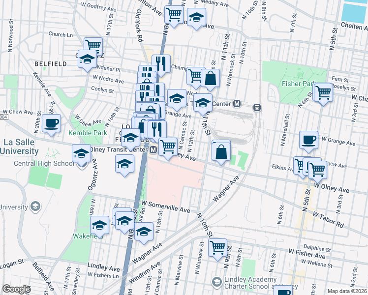 map of restaurants, bars, coffee shops, grocery stores, and more near 5700 North 12th Street in Philadelphia
