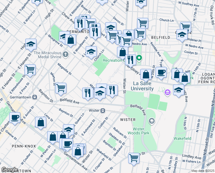 map of restaurants, bars, coffee shops, grocery stores, and more near 710 Penn Boulevard in Philadelphia