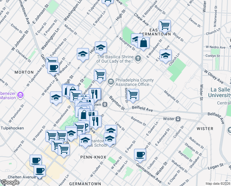 map of restaurants, bars, coffee shops, grocery stores, and more near 325 East Chelten Avenue in Philadelphia