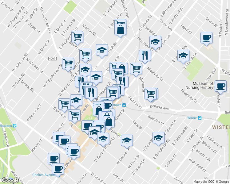 map of restaurants, bars, coffee shops, grocery stores, and more near 300 East Price Street in Philadelphia