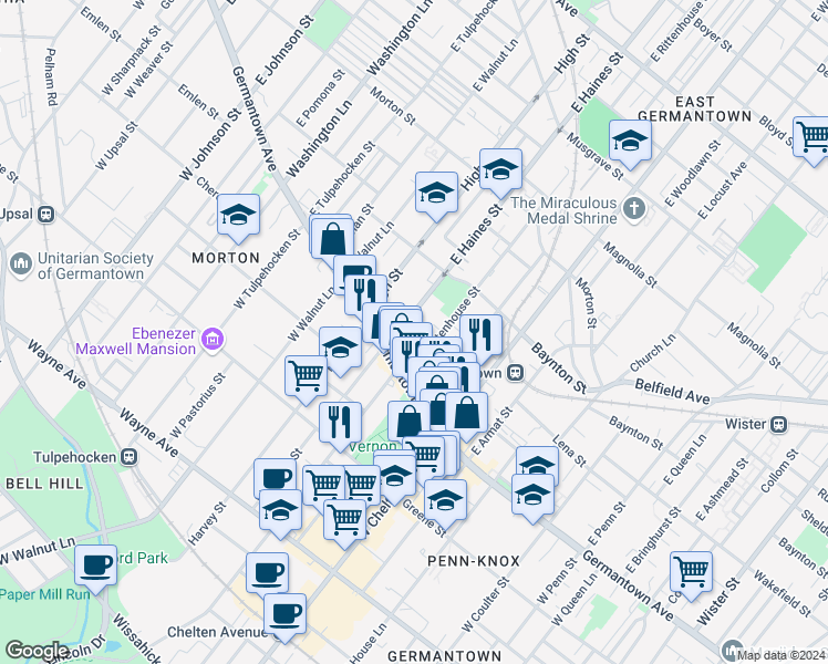 map of restaurants, bars, coffee shops, grocery stores, and more near 56 East Haines Street in Philadelphia