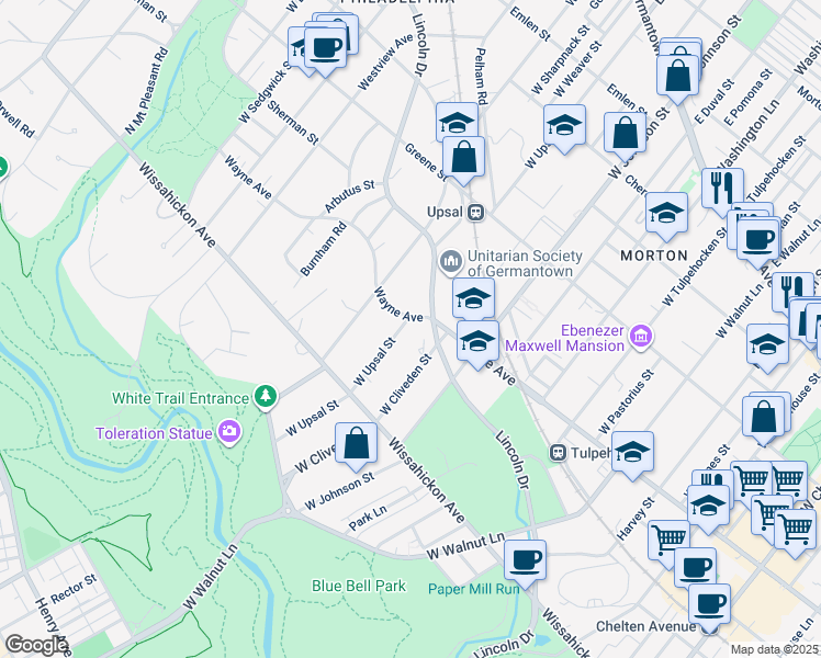 map of restaurants, bars, coffee shops, grocery stores, and more near 6430 Wayne Avenue in Philadelphia