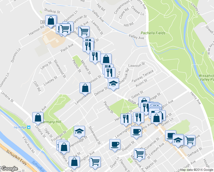 map of restaurants, bars, coffee shops, grocery stores, and more near 6619 Ridge Avenue in Philadelphia