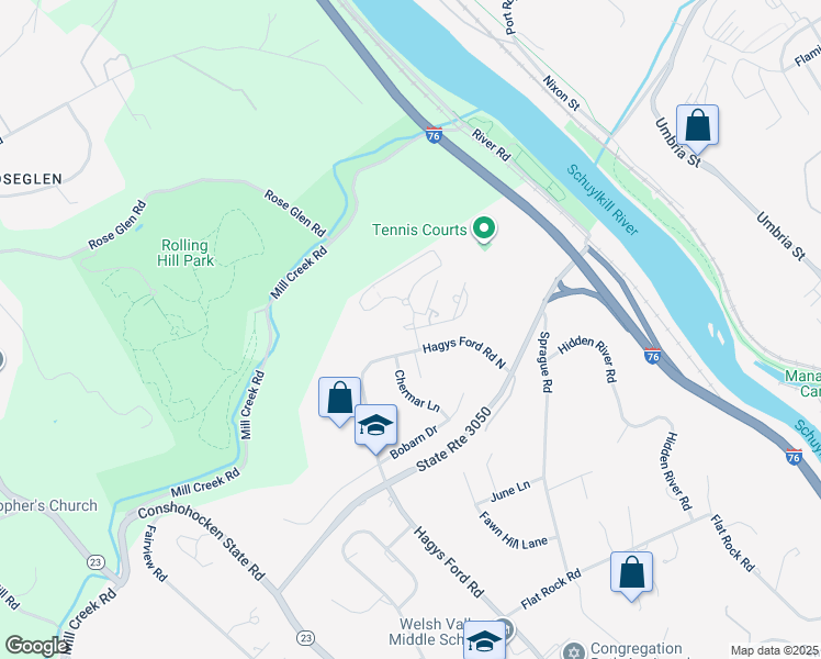map of restaurants, bars, coffee shops, grocery stores, and more near 1600 Hagys Ford Road in Narberth