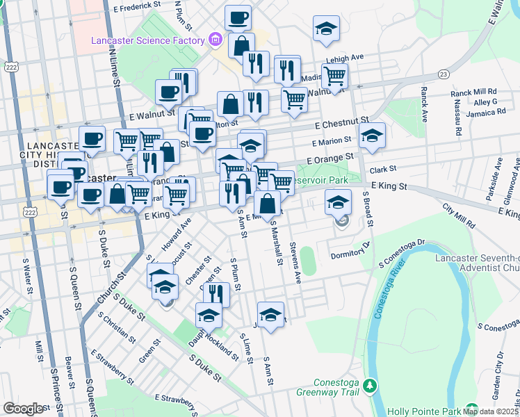 map of restaurants, bars, coffee shops, grocery stores, and more near 515 East King Street in Lancaster