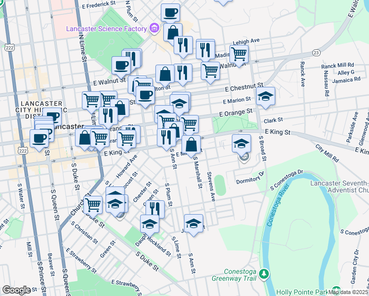 map of restaurants, bars, coffee shops, grocery stores, and more near 515 East King Street in Lancaster