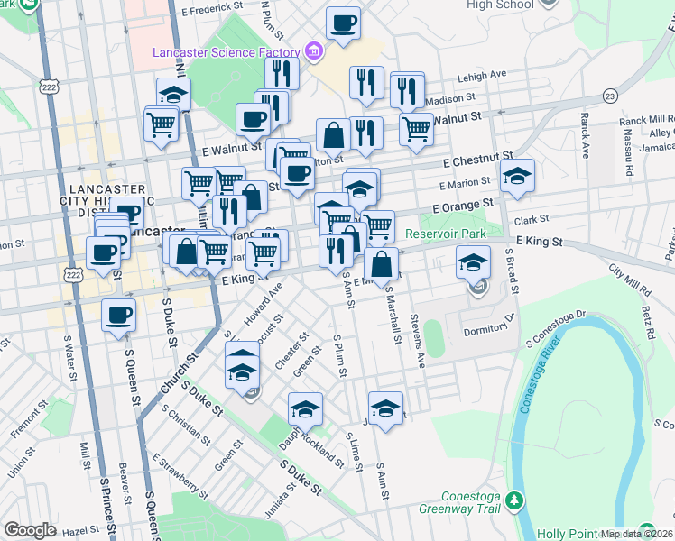 map of restaurants, bars, coffee shops, grocery stores, and more near 439 East King Street in Lancaster