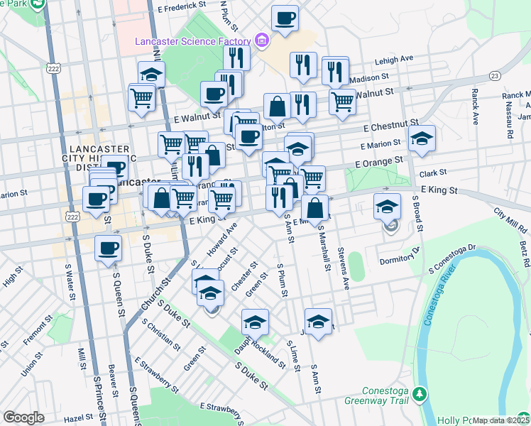 map of restaurants, bars, coffee shops, grocery stores, and more near 439 East King Street in Lancaster