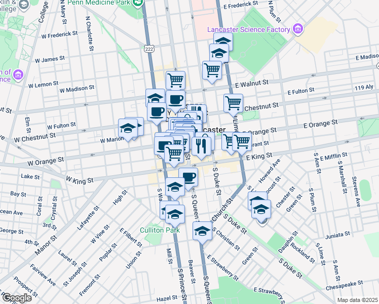 map of restaurants, bars, coffee shops, grocery stores, and more near 28 East Orange Street in Lancaster
