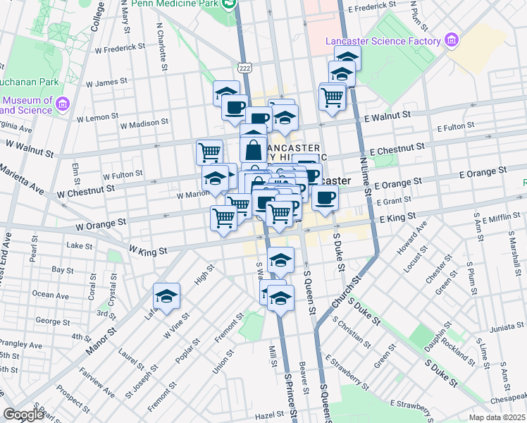 map of restaurants, bars, coffee shops, grocery stores, and more near 30 West Orange Street in Lancaster
