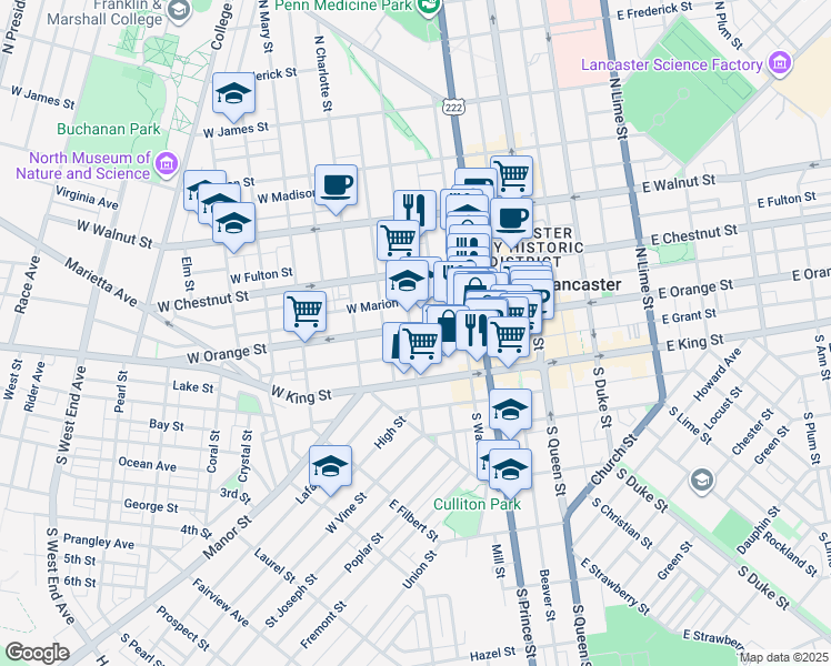 map of restaurants, bars, coffee shops, grocery stores, and more near 114 North Mulberry Street in Lancaster