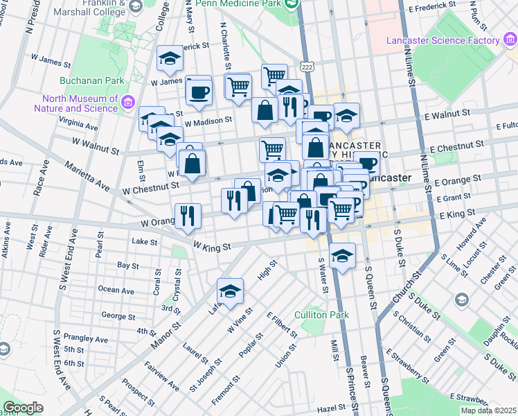 map of restaurants, bars, coffee shops, grocery stores, and more near 119 1/2 North Charlotte Street in Lancaster
