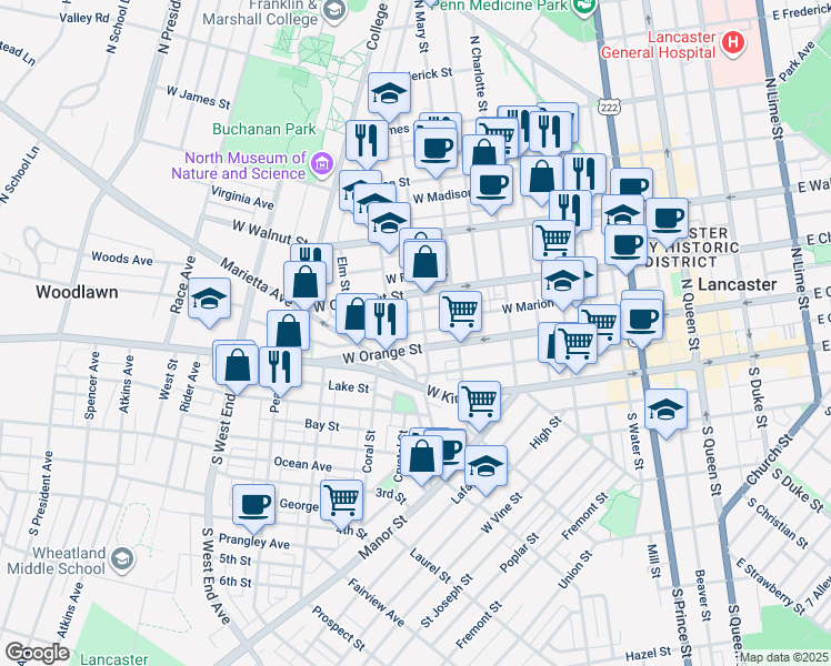 map of restaurants, bars, coffee shops, grocery stores, and more near 544 West Mill Avenue in Lancaster