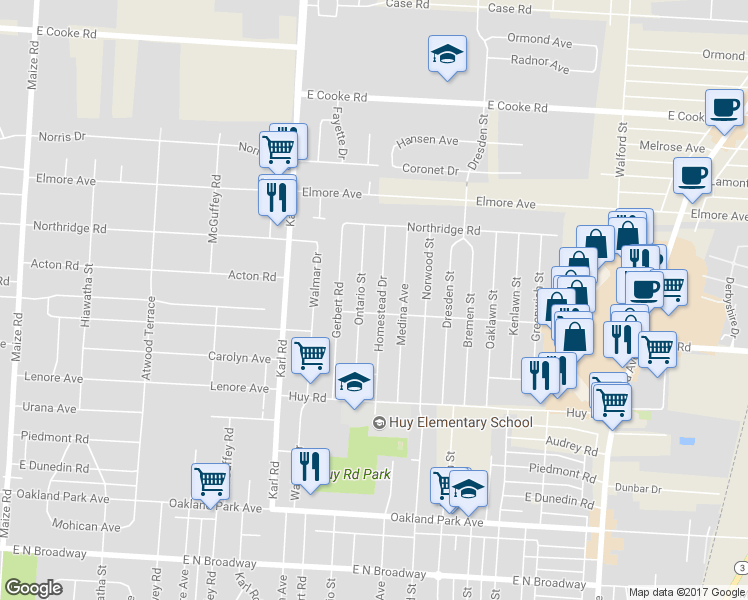 map of restaurants, bars, coffee shops, grocery stores, and more near 3566 Ontario Street in Columbus
