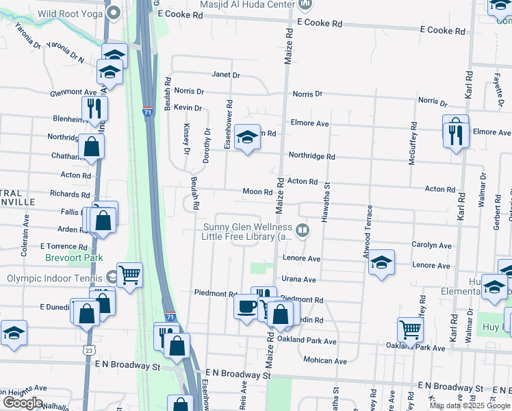map of restaurants, bars, coffee shops, grocery stores, and more near 939 Moon Road in Columbus