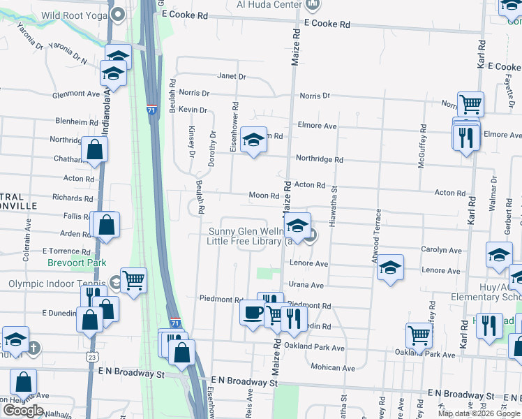 map of restaurants, bars, coffee shops, grocery stores, and more near 939 Moon Road in Columbus