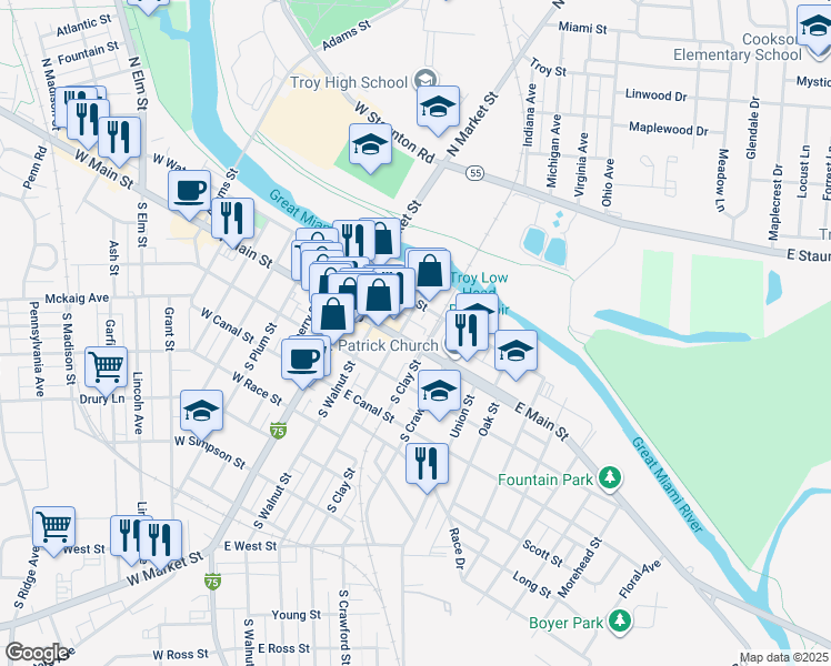 map of restaurants, bars, coffee shops, grocery stores, and more near 22 North Mulberry Street in Troy
