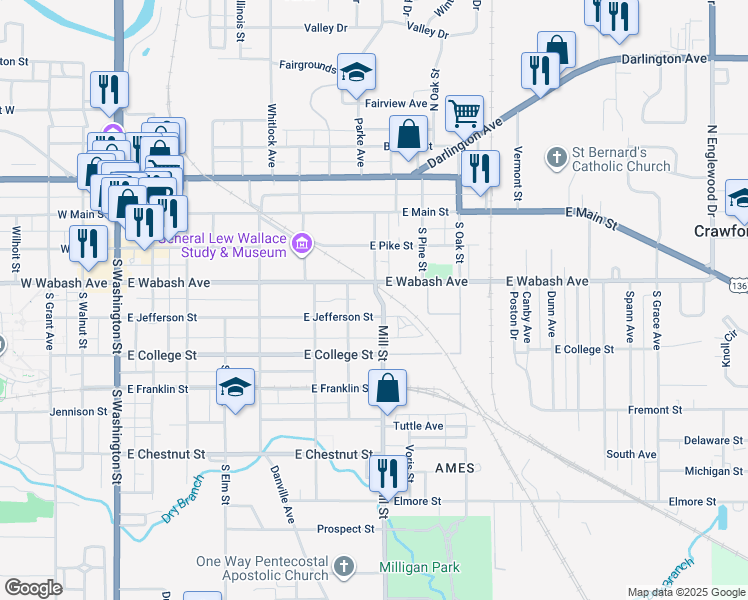 map of restaurants, bars, coffee shops, grocery stores, and more near 213 Woodlawn Place in Crawfordsville