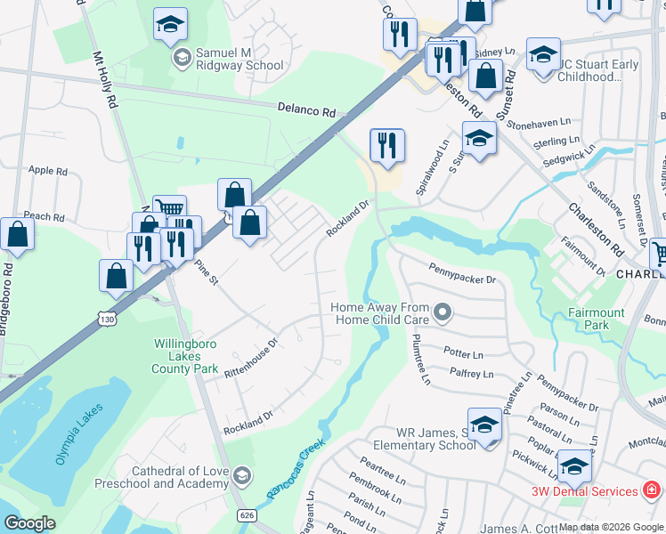 map of restaurants, bars, coffee shops, grocery stores, and more near 8 Ridgeview Place in Willingboro